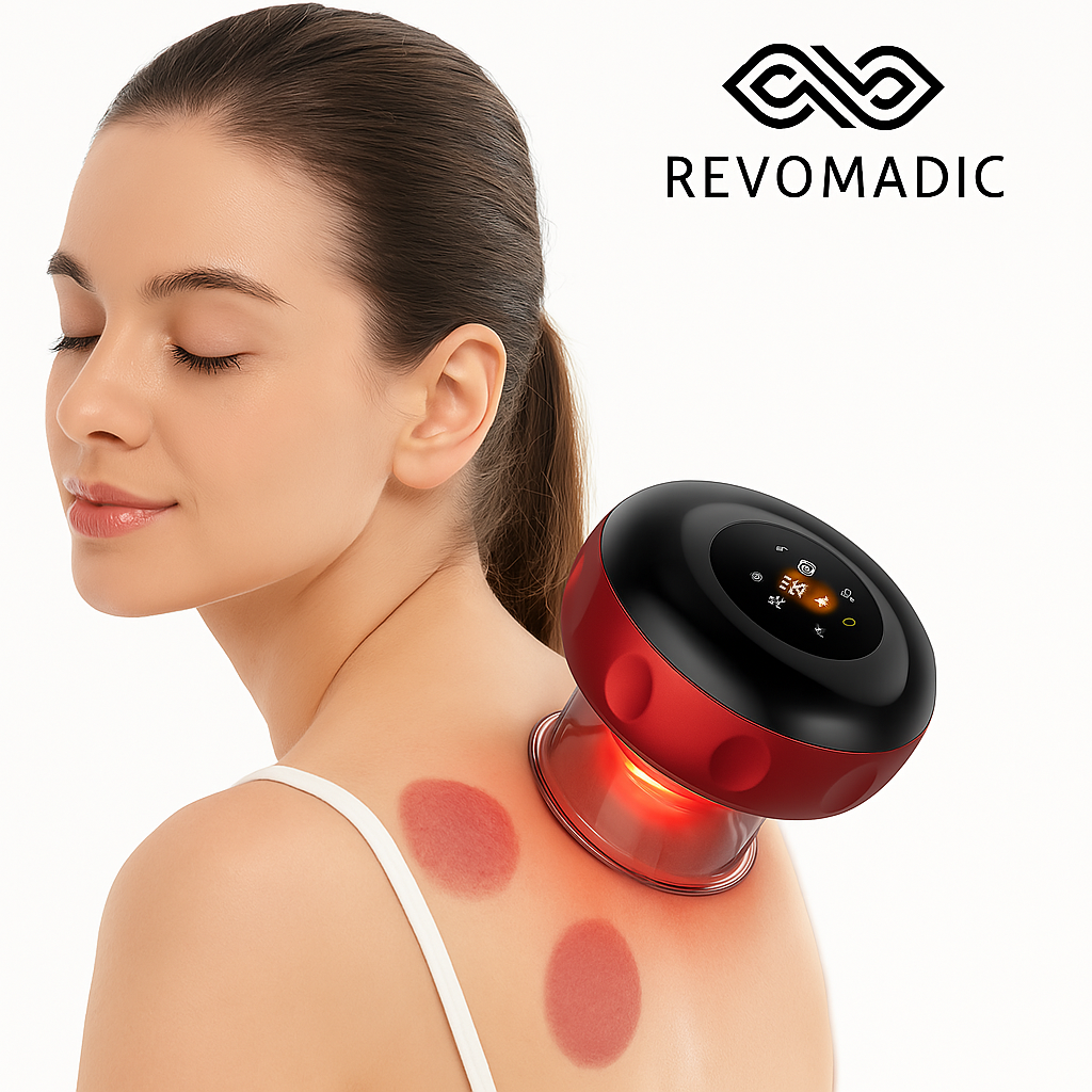 Woman receiving cupping therapy with Revo Smart Cupping Massager on her upper back, relaxing during at-home treatment.