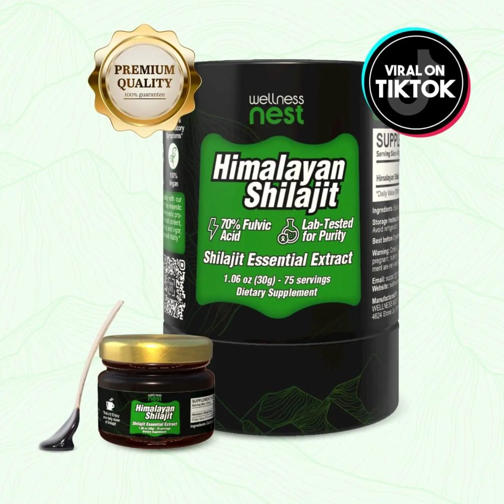 Shilajit Essential Extract with scoop and premium quality badge